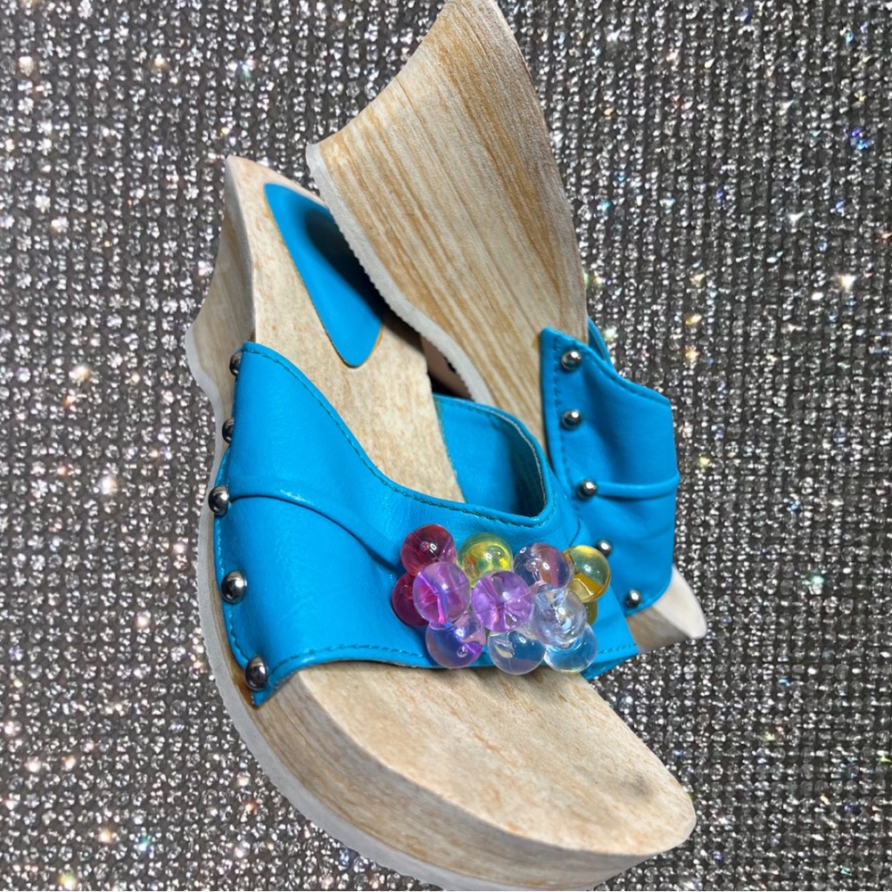 Bubblegum sandals vintage 80s 90s blue studded wedge heeled slides blue y2k - Picture 3 of 10